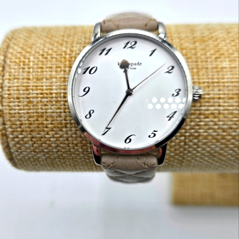 KATE SPADE Genuine Leather Watch Silver Metal Framed Face Taupe Leather